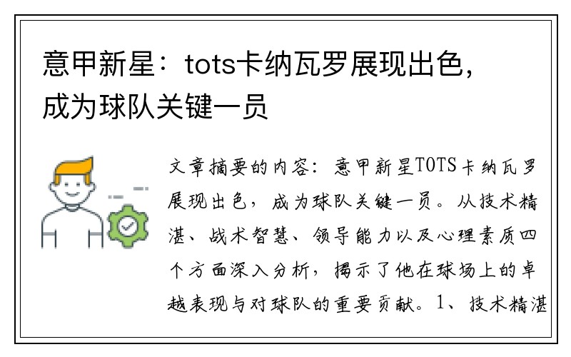 意甲新星：tots卡纳瓦罗展现出色，成为球队关键一员