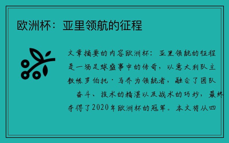 欧洲杯：亚里领航的征程