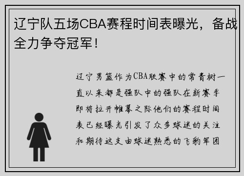 辽宁队五场CBA赛程时间表曝光，备战全力争夺冠军！